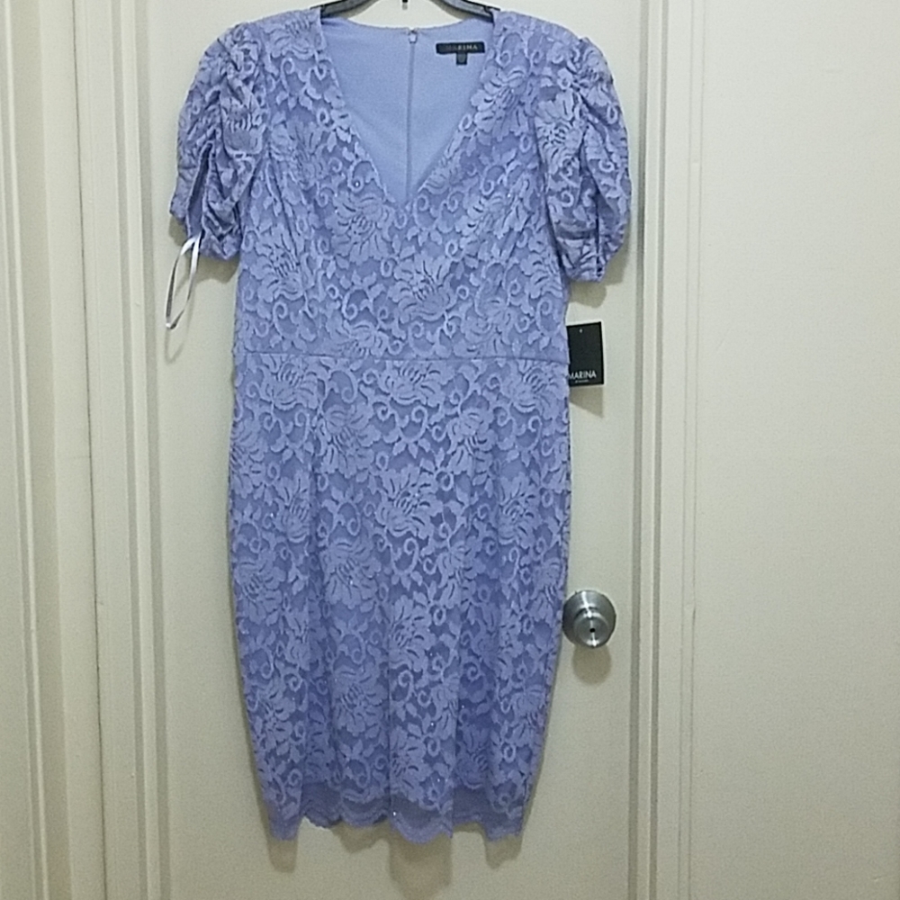 Marina lavender sheath dress with ruched sleeves